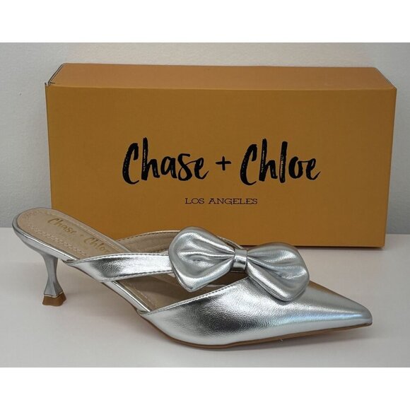 CHASE + CHLOE / Idra-3 / Silver / Pointed / Toe Mule Heels / With Bow Detail Kit - Picture 8 of 9